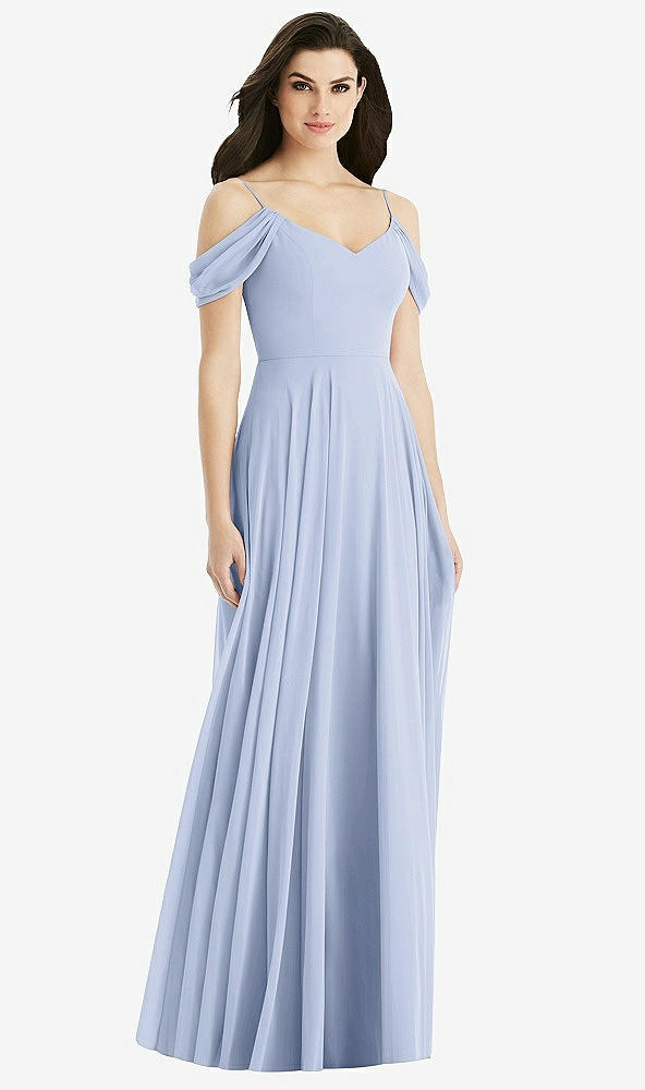 Back View - Sky Blue Off-the-Shoulder Open Cowl-Back Maxi Dress