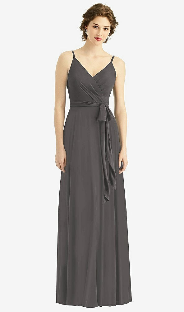 Front View - Caviar Gray Draped Wrap Chiffon Maxi Dress with Sash