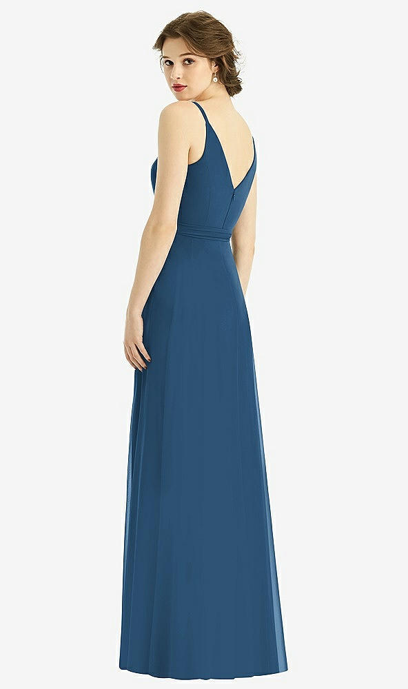 Back View - Dusk Blue Draped Wrap Chiffon Maxi Dress with Sash