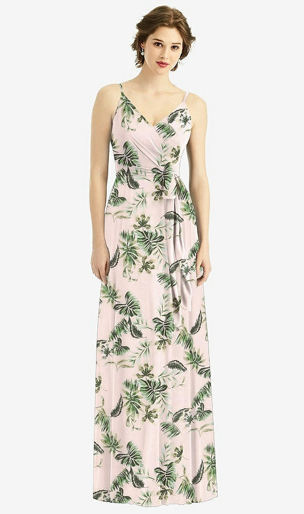 Front View - Palm Beach Print Draped Wrap Chiffon Maxi Dress with Sash