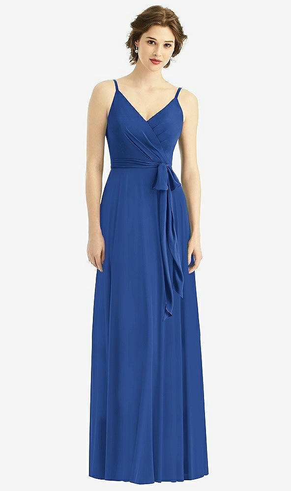 Front View - Classic Blue Draped Wrap Chiffon Maxi Dress with Sash