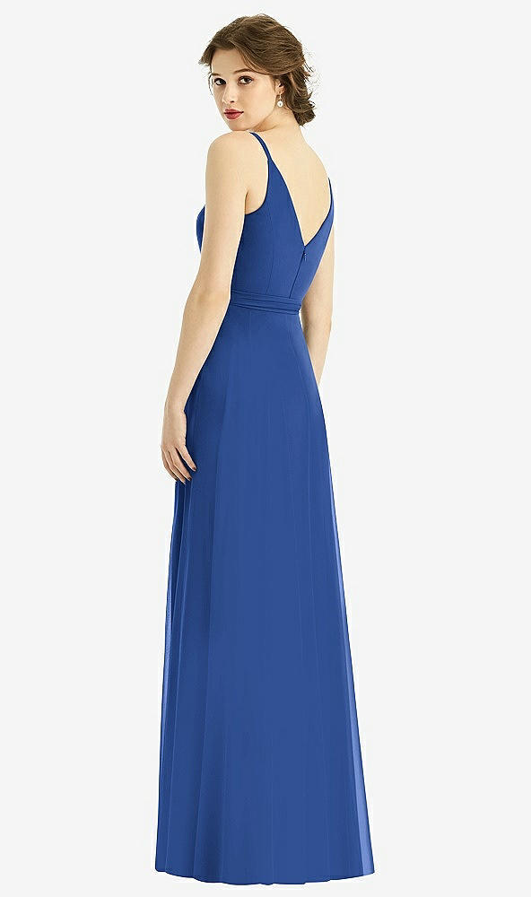 Back View - Classic Blue Draped Wrap Chiffon Maxi Dress with Sash