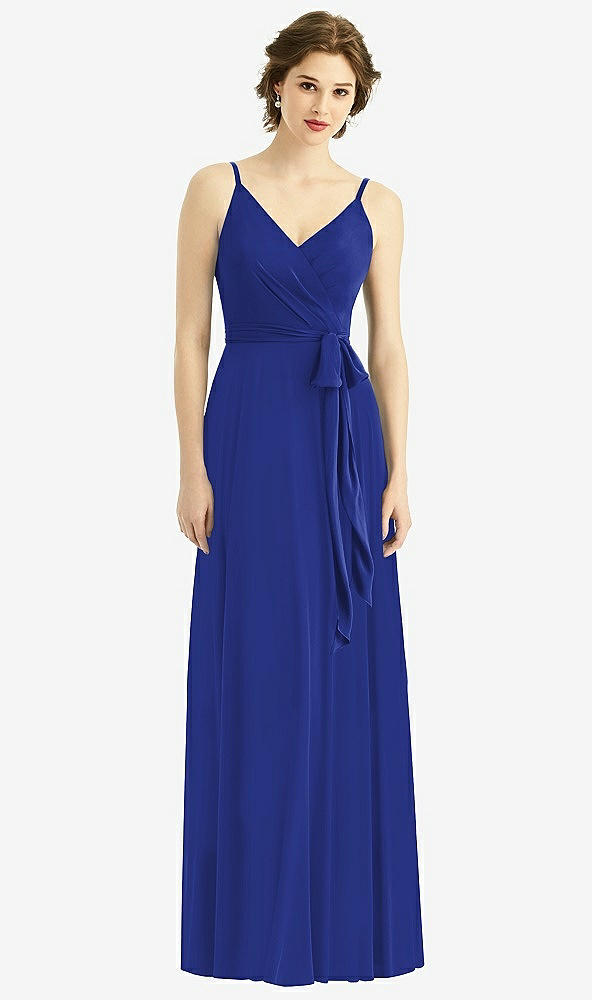 Front View - Cobalt Blue Draped Wrap Chiffon Maxi Dress with Sash