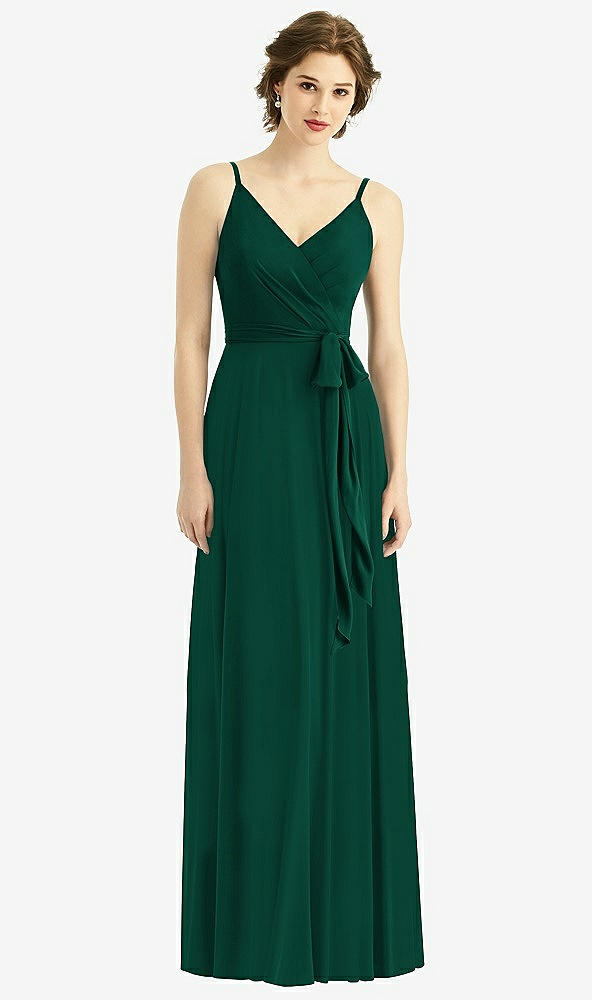 Front View - Hunter Green Draped Wrap Chiffon Maxi Dress with Sash