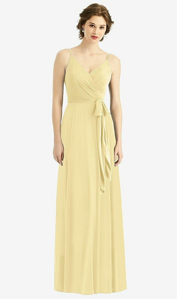 Front View - Pale Yellow Draped Wrap Chiffon Maxi Dress with Sash