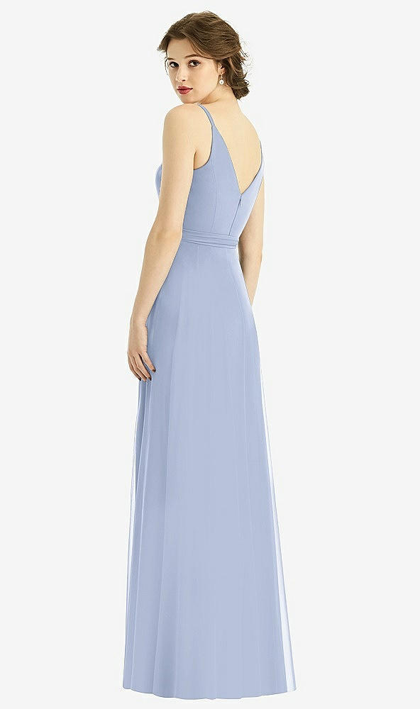 Back View - Sky Blue Draped Wrap Chiffon Maxi Dress with Sash