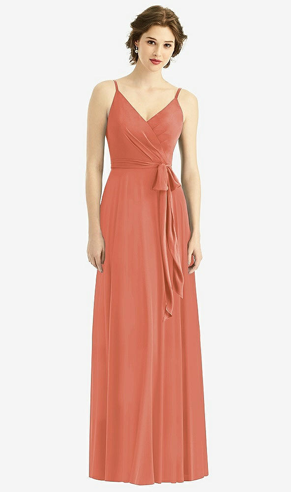 Front View - Terracotta Copper Draped Wrap Chiffon Maxi Dress with Sash