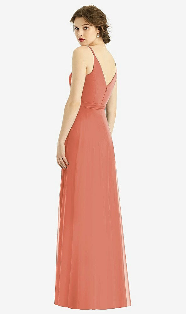 Back View - Terracotta Copper Draped Wrap Chiffon Maxi Dress with Sash