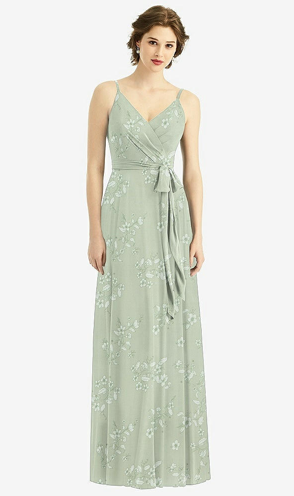 Front View - Vintage Primrose Sage Draped Wrap Chiffon Maxi Dress with Sash