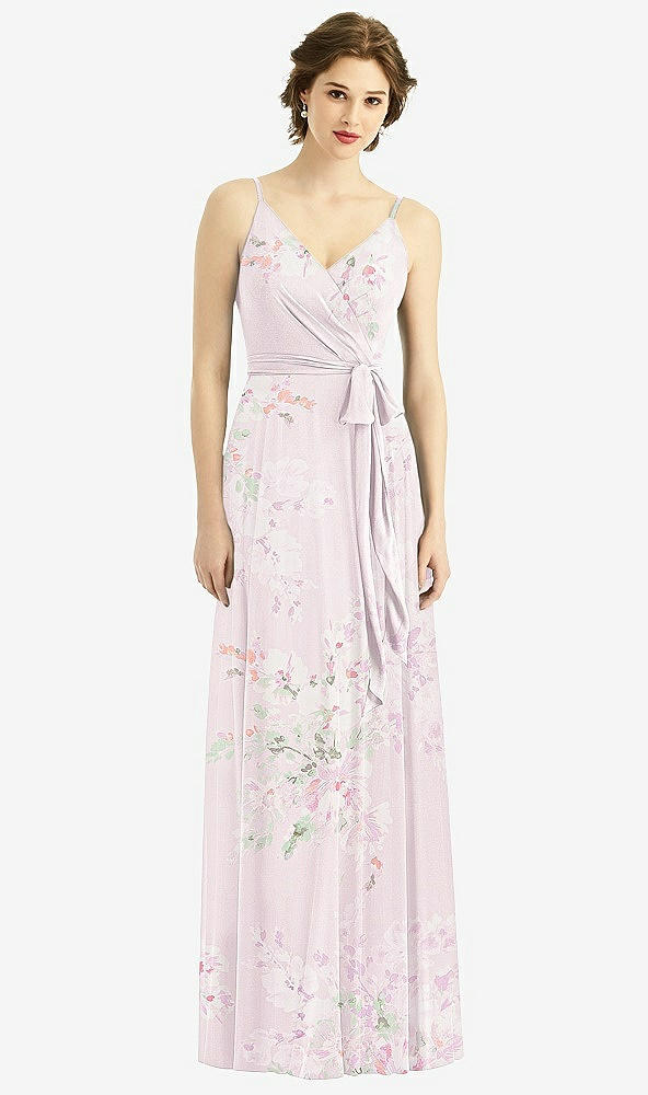 Front View - Watercolor Print Draped Wrap Chiffon Maxi Dress with Sash