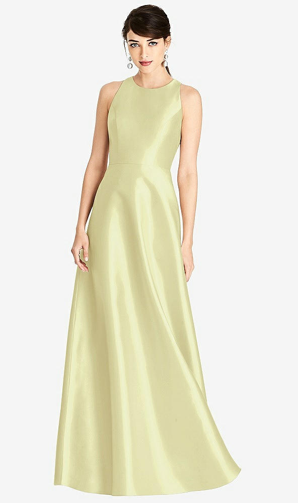 Front View - Butter Yellow Sleeveless Open-Back Satin A-Line Dress