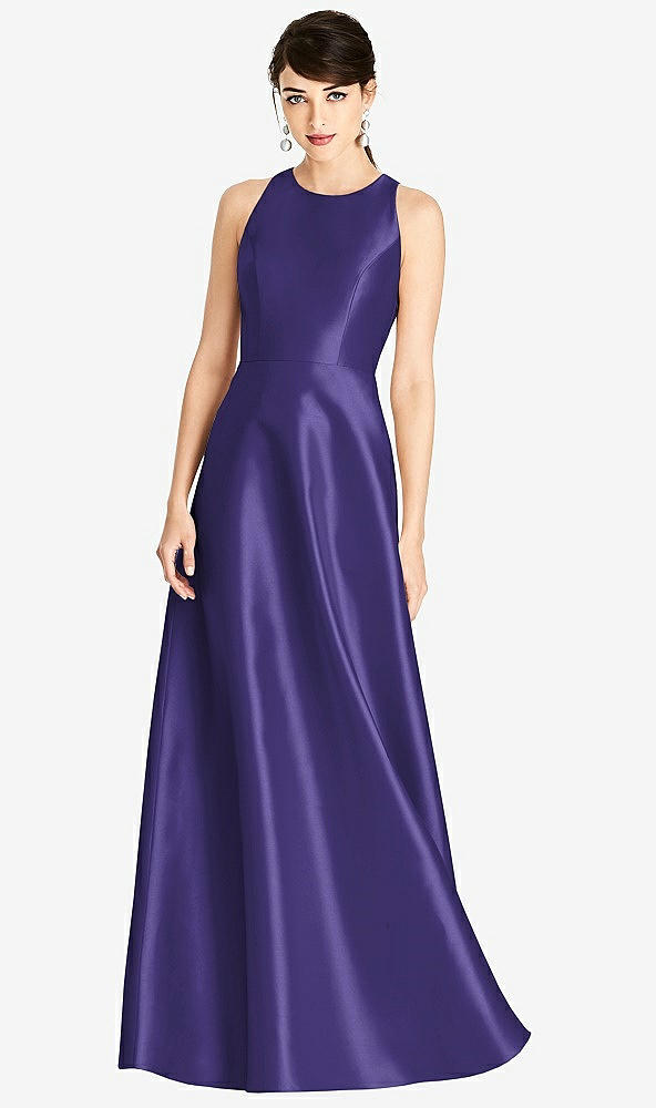 Front View - Grape Sleeveless Open-Back Satin A-Line Dress