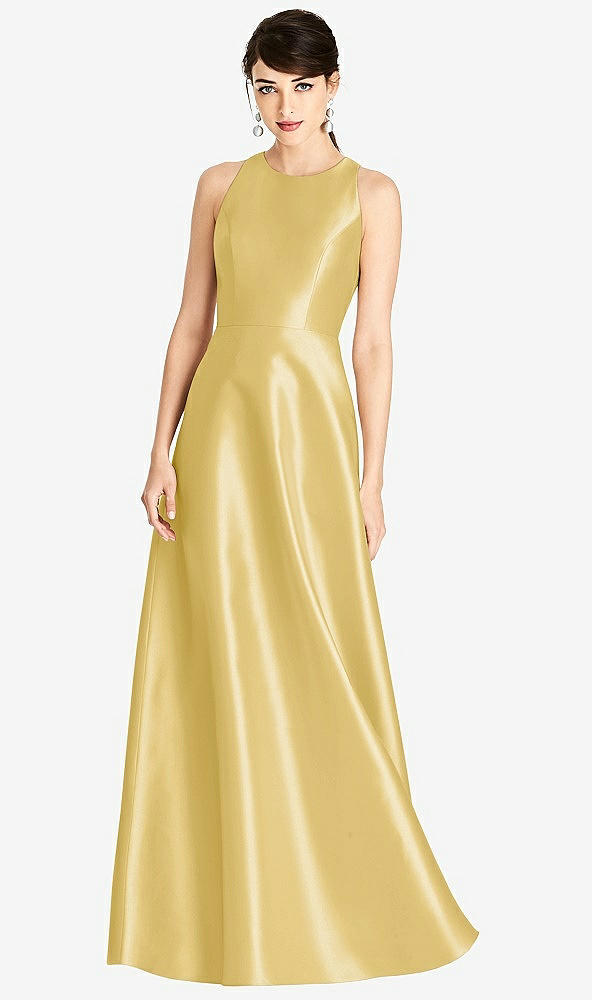 Front View - Maize Sleeveless Open-Back Satin A-Line Dress