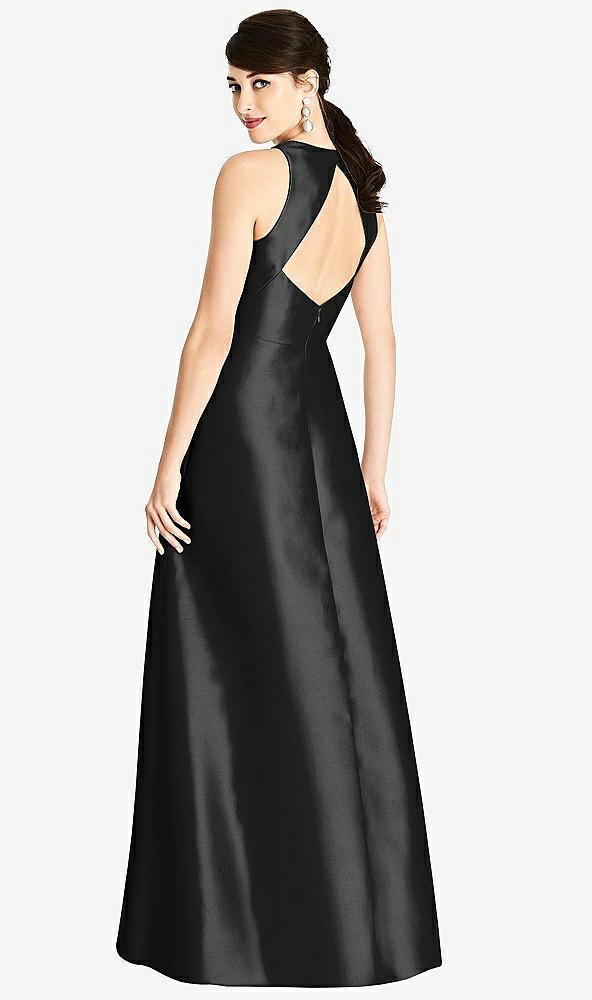 Back View - Black Sleeveless Open-Back Satin A-Line Dress