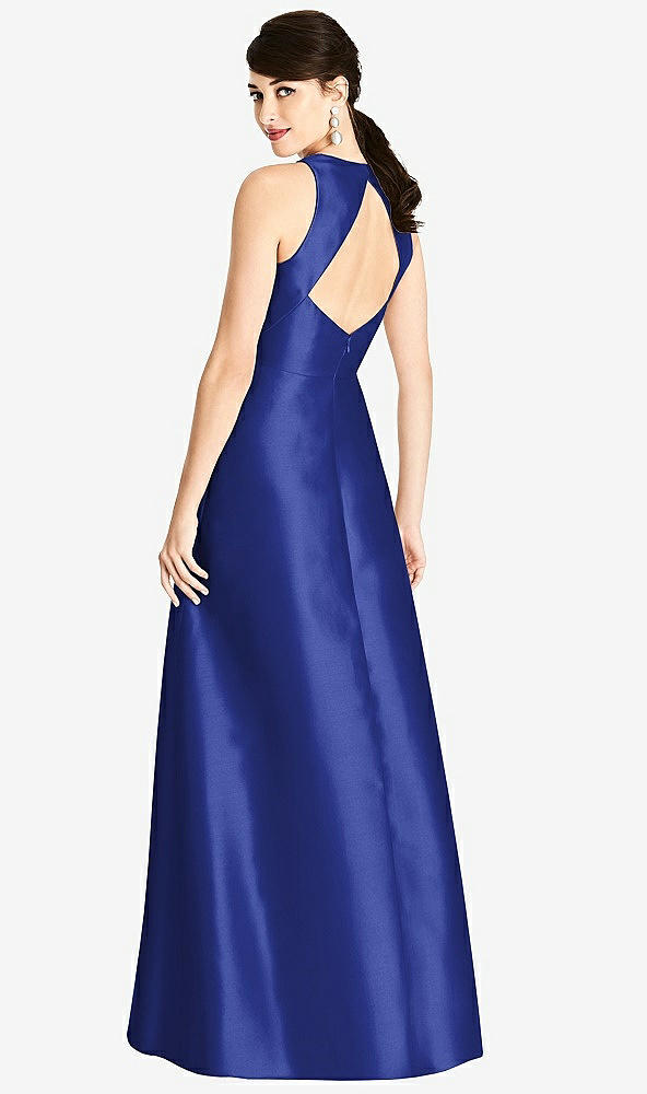 Back View - Cobalt Blue Sleeveless Open-Back Satin A-Line Dress