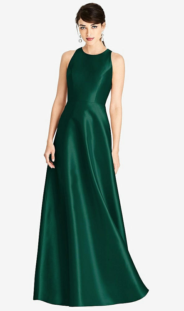 Front View - Hunter Green Sleeveless Open-Back Satin A-Line Dress