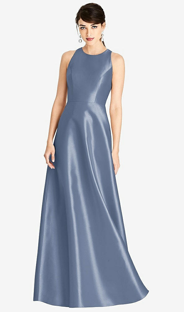 Front View - Larkspur Blue Sleeveless Open-Back Satin A-Line Dress