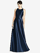 Front View Thumbnail - Midnight Navy Sleeveless Open-Back Satin A-Line Dress