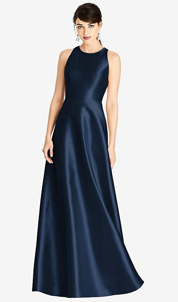 Front View - Midnight Navy Sleeveless Open-Back Satin A-Line Dress