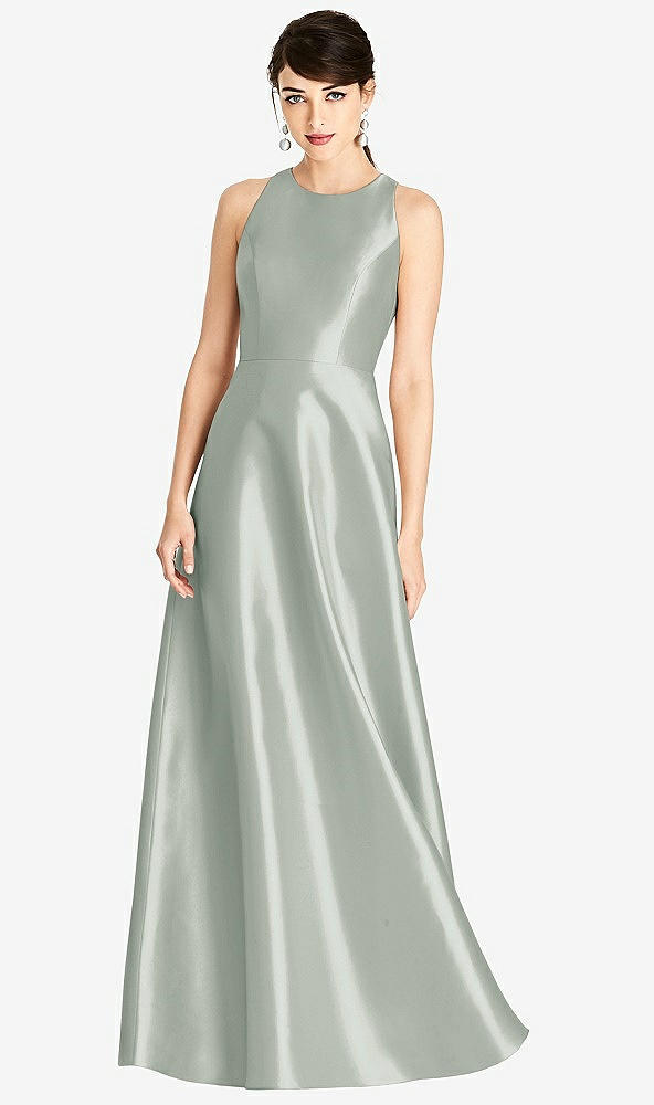 Front View - Willow Green Sleeveless Open-Back Satin A-Line Dress