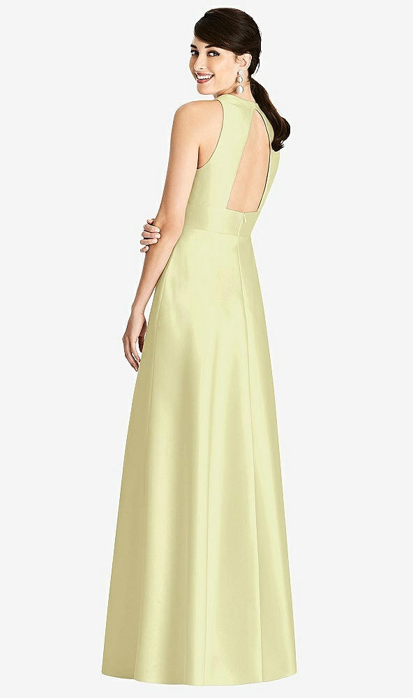 Back View - Butter Yellow Sleeveless Open-Back Pleated Skirt Dress with Pockets