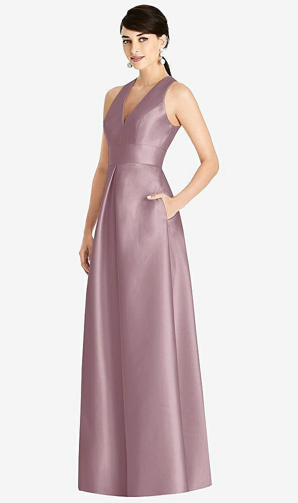 Front View - Dusty Rose Sleeveless Open-Back Pleated Skirt Dress with Pockets