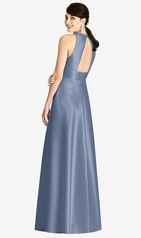 Back View - Larkspur Blue Sleeveless Open-Back Pleated Skirt Dress with Pockets