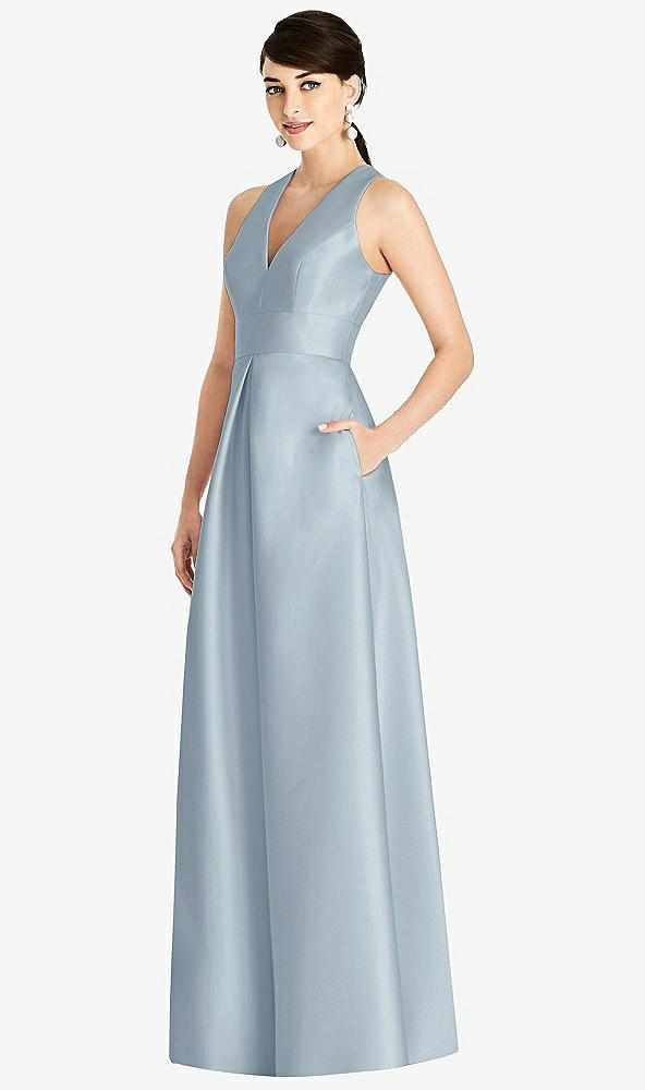 Front View - Mist Sleeveless Open-Back Pleated Skirt Dress with Pockets