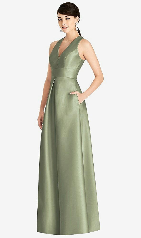 Front View - Sage Sleeveless Open-Back Pleated Skirt Dress with Pockets