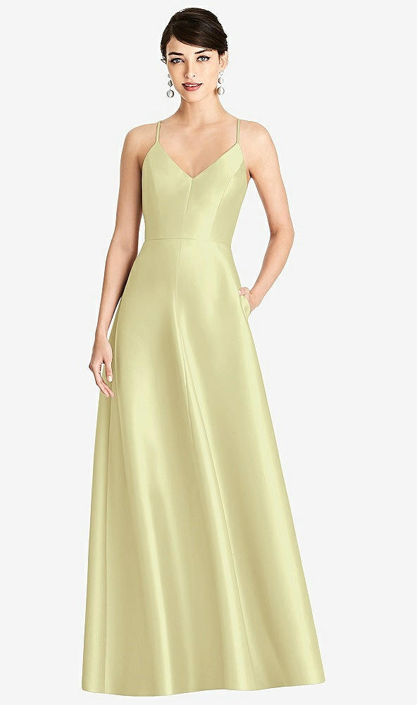 Front View - Butter Yellow V-Neck Full Skirt Satin Maxi Dress