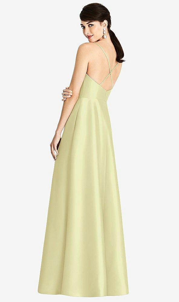 Back View - Butter Yellow V-Neck Full Skirt Satin Maxi Dress