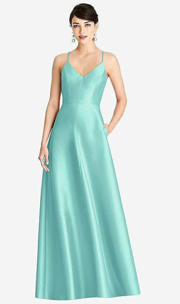 Front View - Coastal V-Neck Full Skirt Satin Maxi Dress