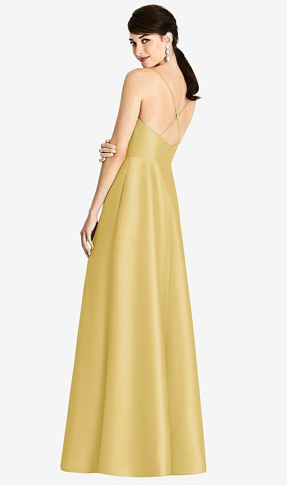 Back View - Maize V-Neck Full Skirt Satin Maxi Dress