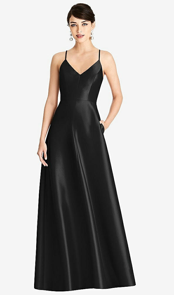 Front View - Black V-Neck Full Skirt Satin Maxi Dress