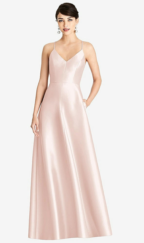 Front View - Blush V-Neck Full Skirt Satin Maxi Dress