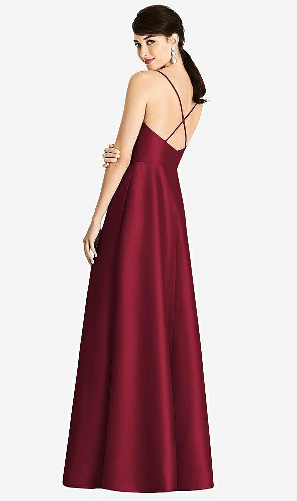 Back View - Burgundy V-Neck Full Skirt Satin Maxi Dress