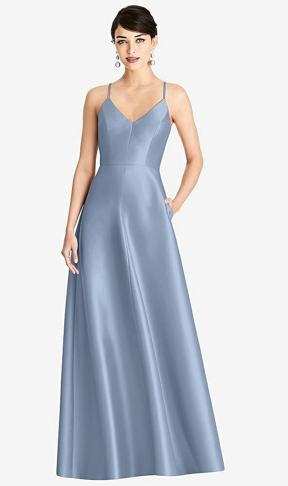 Front View - Cloudy V-Neck Full Skirt Satin Maxi Dress