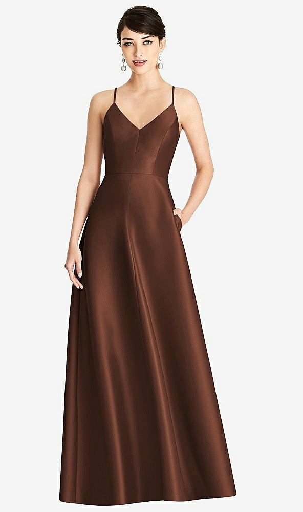 Front View - Cognac V-Neck Full Skirt Satin Maxi Dress