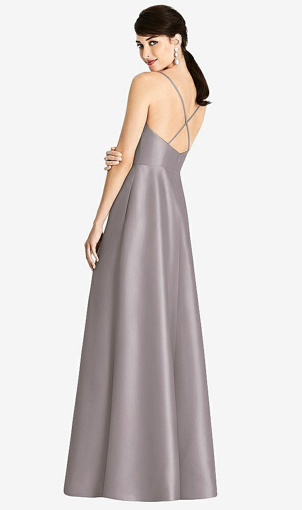 Back View - Cashmere Gray V-Neck Full Skirt Satin Maxi Dress