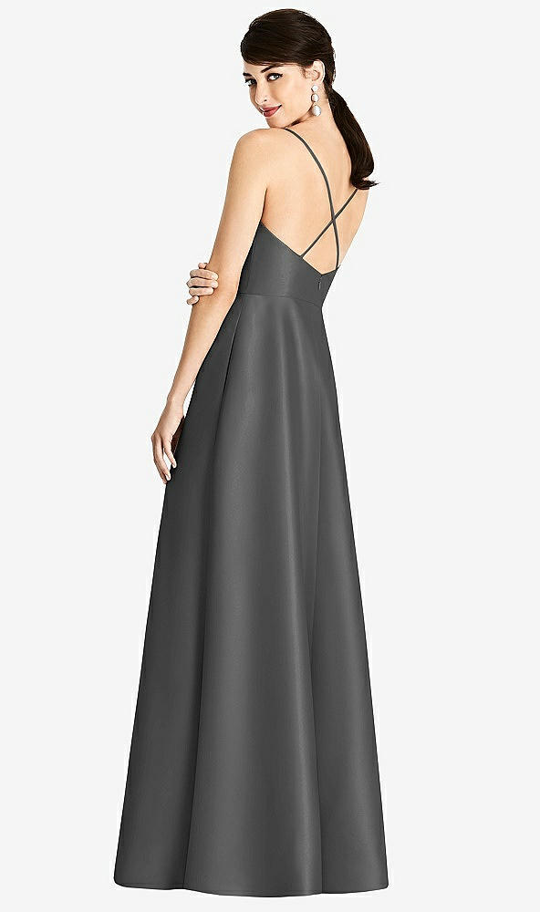 Back View - Gunmetal V-Neck Full Skirt Satin Maxi Dress