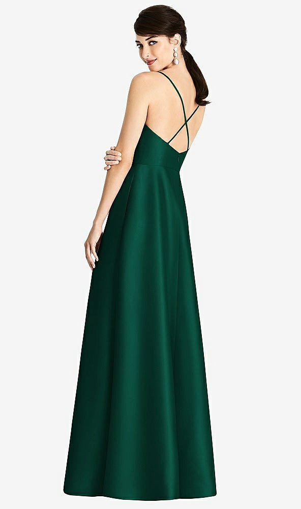 Back View - Hunter Green V-Neck Full Skirt Satin Maxi Dress