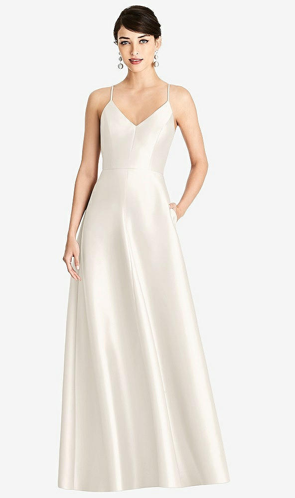 Front View - Ivory V-Neck Full Skirt Satin Maxi Dress