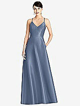 Front View Thumbnail - Larkspur Blue V-Neck Full Skirt Satin Maxi Dress