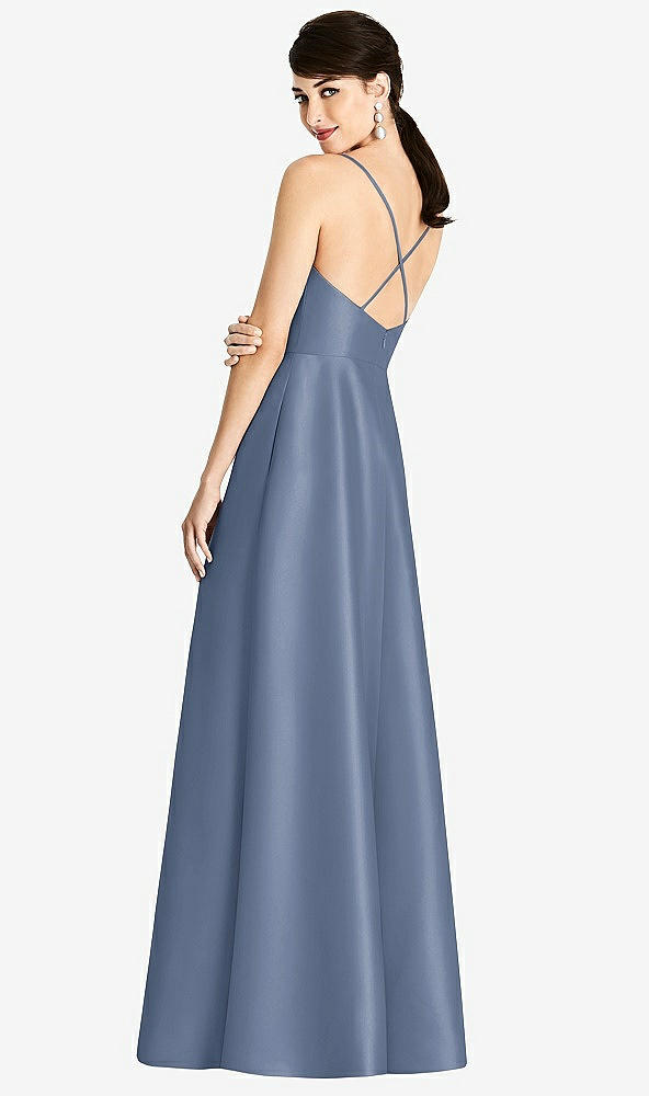 Back View - Larkspur Blue V-Neck Full Skirt Satin Maxi Dress