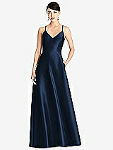 Front View Thumbnail - Midnight Navy V-Neck Full Skirt Satin Maxi Dress