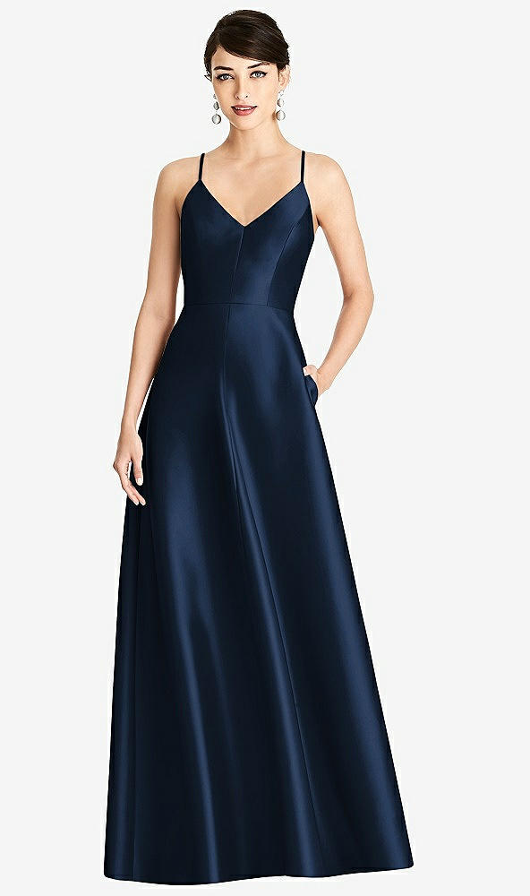 Front View - Midnight Navy V-Neck Full Skirt Satin Maxi Dress