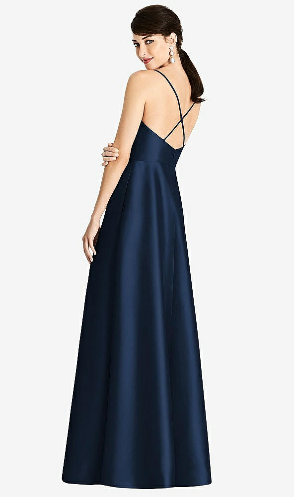 Back View - Midnight Navy V-Neck Full Skirt Satin Maxi Dress