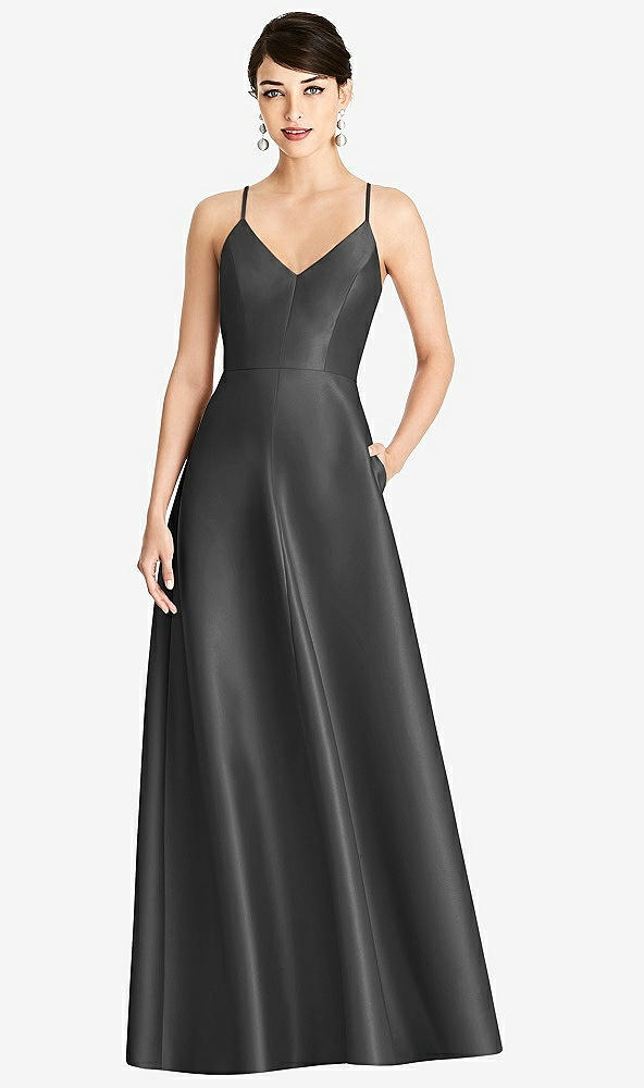 Front View - Pewter V-Neck Full Skirt Satin Maxi Dress