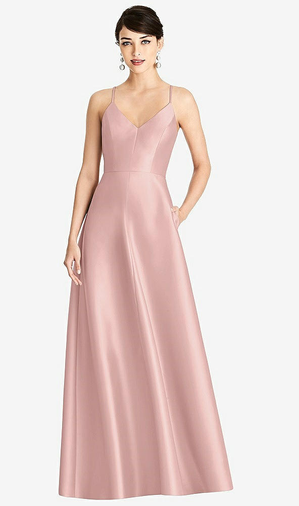 Front View - Rose - PANTONE Rose Quartz V-Neck Full Skirt Satin Maxi Dress