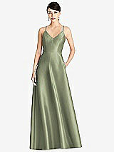 Front View Thumbnail - Sage V-Neck Full Skirt Satin Maxi Dress